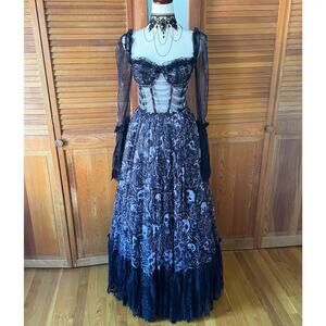 Dolls Kill Gothic Victorian Halloween Dance With Death Skulls Bones Dress Gown S